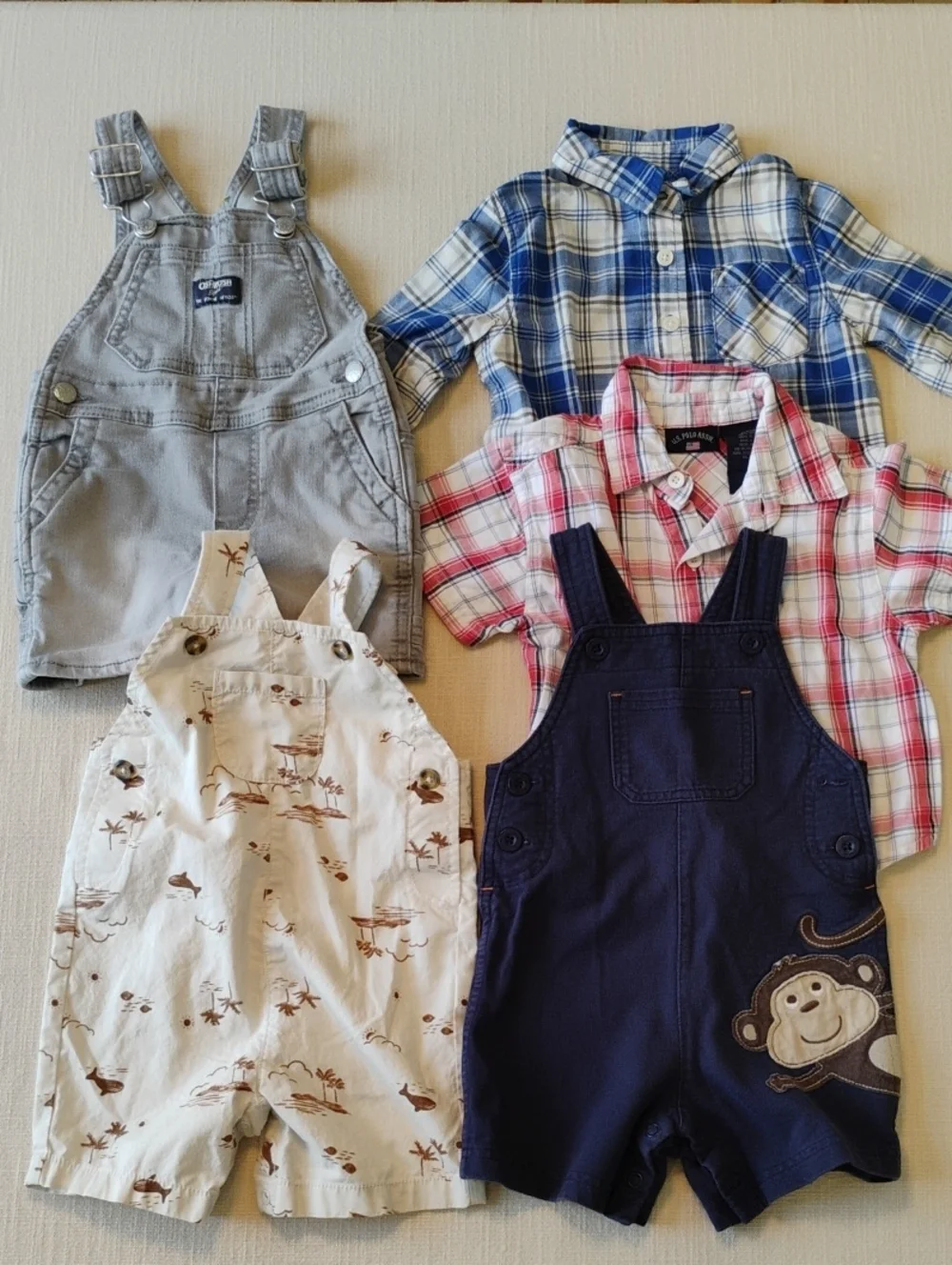 OshKosh Carter's Snapbottom Shortalls US Polo Cherokee Plaid Shirts - 12 Months